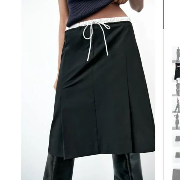 Black White Zara Drawstring Elastic Waist Mixed Combination Striped Boxer Skirt - Picture 7 of 7